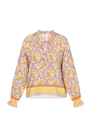 Blomstret blouse med gule og orange toner, lange ærmer med samlede manchetter og en samlet halsudskæring. Kant med stribet detalje.