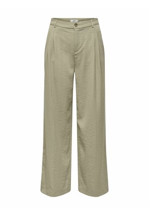 Pantalon large couleur kaki clair en tissu texturé, avec des plis devant, une fermeture par bouton et une taille classique.