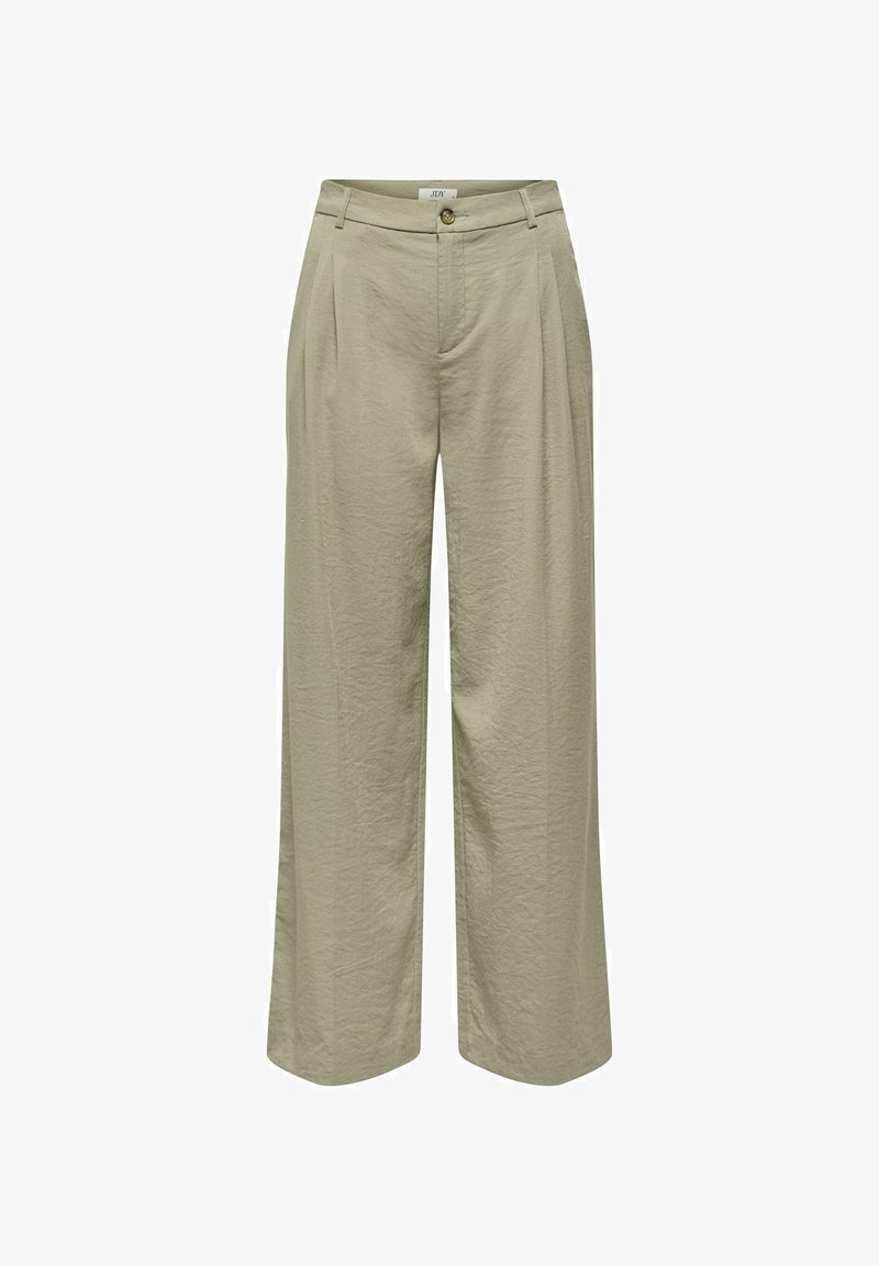 Pantalon large couleur kaki clair en tissu texturé, avec des plis devant, une fermeture par bouton et une taille classique.