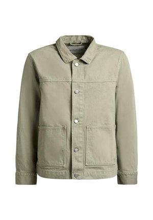Lyse olivengrøn knap-op jakke med to forlommer og en klassisk krave, lavet af robust stof.