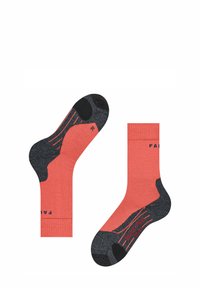Koralowe skarpetki z ciemnoszarymi akcentami, łączące różne faktury, z wzmocnionymi piętami i logo nadrukowanym na mankiecie.