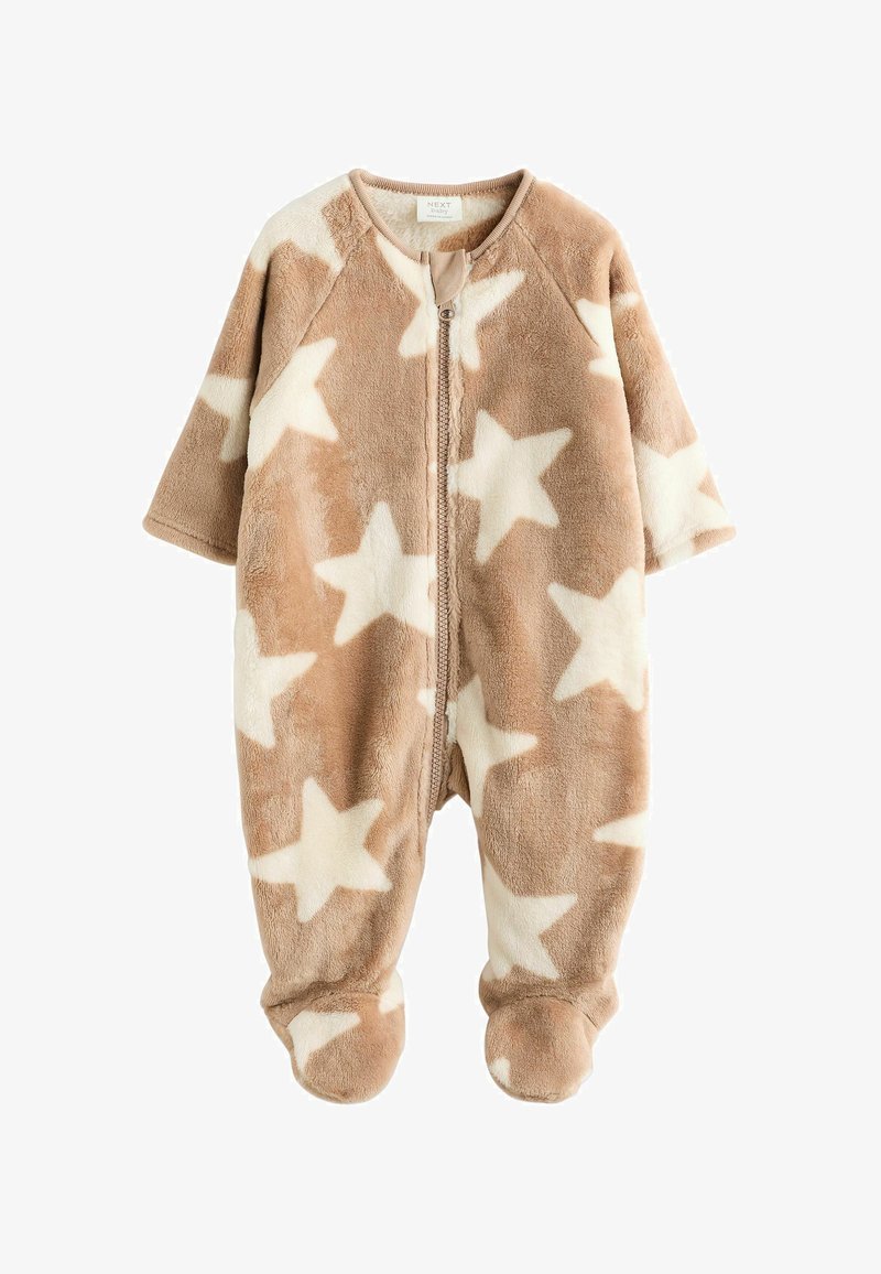 Kreemvärvi täppidega pehme fliisist beebi bodi, ees lukk, pikad varrukad ja soojendav põlveosaga disain.