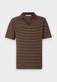 Brown short-sleeve polo shirt with white thin horizontal stripes and a notch collar, displayed on a neutral background.