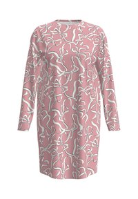 Långärmad klänning i ljusrosa med ett helhetstryck av vita rosetter. Mjuk tyg, avslappnad passform, rundad halsringning och når till mitten av låret.