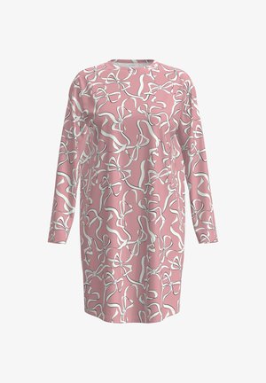 Langarm jurk in lichtroze met een algehele witte strikpatroon. Zachte stof, losse pasvorm, ronde hals en reikt tot halverwege de dij.