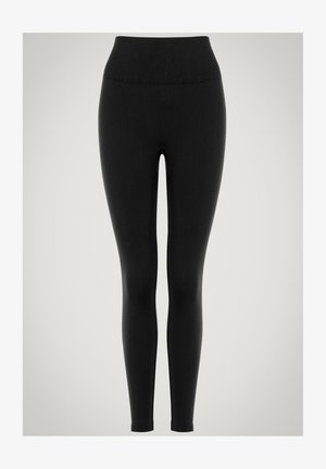 Svarta leggings gjorda av stretchigt tyg med hög midja. Har en slät textur och en välsittande silhuett. Inga synliga mönster eller hårdvara.