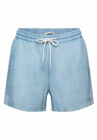 Pantaloni corti di cotone azzurro chiaro con vita elastica, cordoncino bianco e taglio dritto. Tessuto liscio con un design minimale e senza pattern.