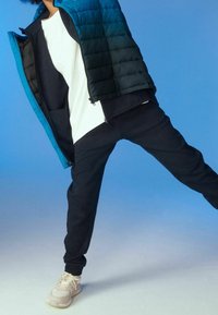 Doudoune dégradé bleu et noir, t-shirt blanc, pantalon foncé et baskets claires. Textures douces et design sportif.