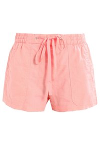 Shorts roses en tissu léger, dotés d'une taille élastique avec cordon de serrage et de deux poches avant.