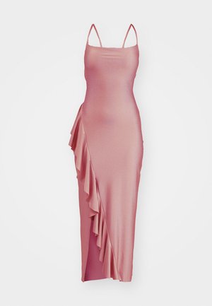 Satiinist roosa kleit spagetti-rinnapartidega, külgmise ruffle-detailiga ja reie kõrgusega lõhiku ning vormitud silueti jaoks. Sujuv tekstuur.