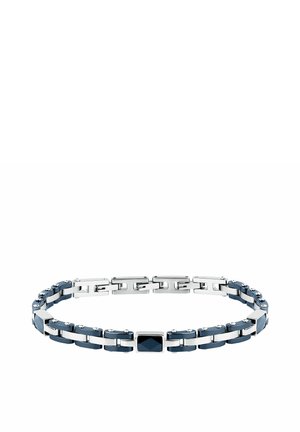 Bracciale in argento e blu scuro con maglie, con una pietra rettangolare sfaccettata blu scuro centrale e accenti metallici geometrici.