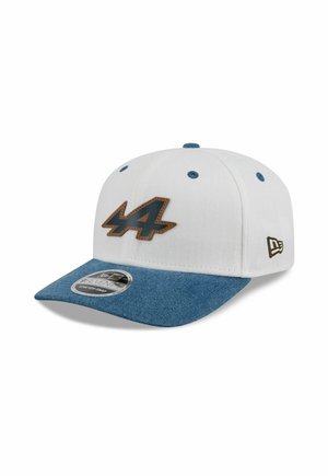 White cap with a blue denim brim and an embossed brown number "44" logo on the front. Features blue eyelets and a manufacturer tag.