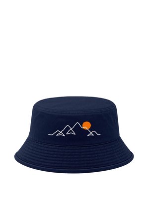 Navy blue bucket hat with white mountain line art and an orange sun on the front against a white background.