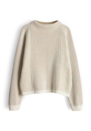 Maglione lavorato a maglia color crema con costine verticali, caratterizzato da dettagli testurizzati e vestibilità morbida. Maniche lunghe con polsini a coste.