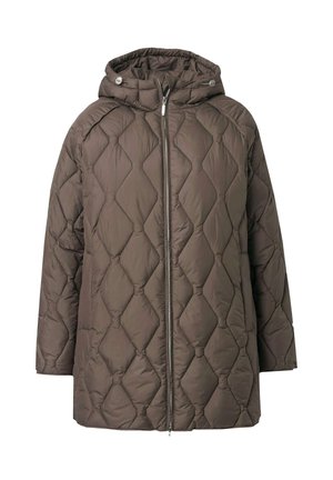 Giacca trapuntata imbottita marrone con cappuccio, caratterizzata da una cerniera frontale e bottoni a pressione, motivo a diamante e design ampio.