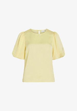 Gul kortærmet bluse med puffede ærmer, rund halsudskæring og en nøglehulslukning bagpå. Glat stof med en let skinnende tekstur.