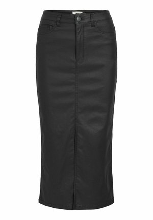 Black denim pencil skirt featuring a front button closure, sleek texture, and a knee-length design with a back slit for ease of movement.