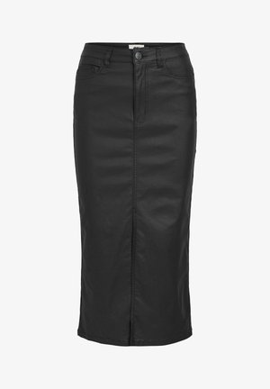 Musta farkku kynähame, jossa on edessä nappisuljenta, tyylikäs pinta ja polven mittainen muotoilu takaraon halkiolla liikkuvuuden helpottamiseksi.