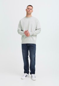 Felpa in cotone grigia chiara con scollo rotondo, maniche lunghe e polsini a coste, indossata con jeans in denim scuro e sneaker bianche.