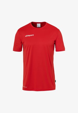 Rød atletisk skjorte lavet af glat, letvægtsstof. Har rund hals, korte ærmer og hvid "uhlsport" logo på forsiden.