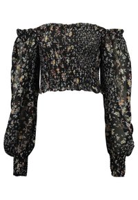 Black floral off-shoulder cropped top with puffed sleeves. Features smocked texture and a delicate print of colorful flowers. Light fabric.
