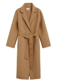Manteau en mélange de laine couleur chameau, doté d'un col châle, de manches longues, d'une ceinture à la taille et d'une coupe droite avec une longueur mi-mollet.