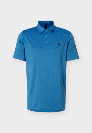 Meeste sinine tekstuuriga polo särk lühikeste varrukatega, kolme nööbiga plastriga ja väikese musta logoga vasakul rinnal.