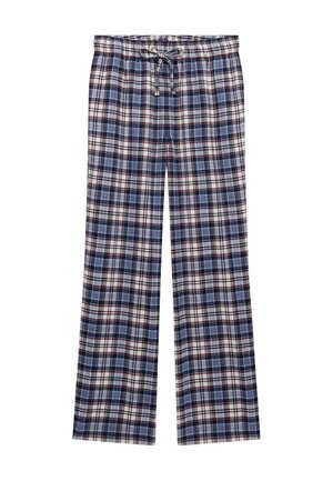 Losse katoenen pyjamabroek met blauwe, zwarte en rode geruite print en een verstelbare taille met koord.