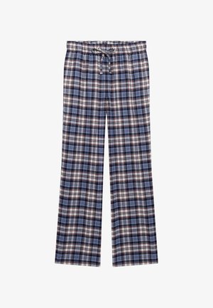 Løse bomuldspyjamassbukser med tern i blå, sort og rød og justerbar snor i taljen.