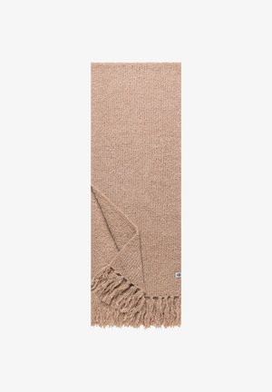 Beige textured woolen scarf with fringed ends, folded at one corner, featuring a small rectangular label near the fringe.