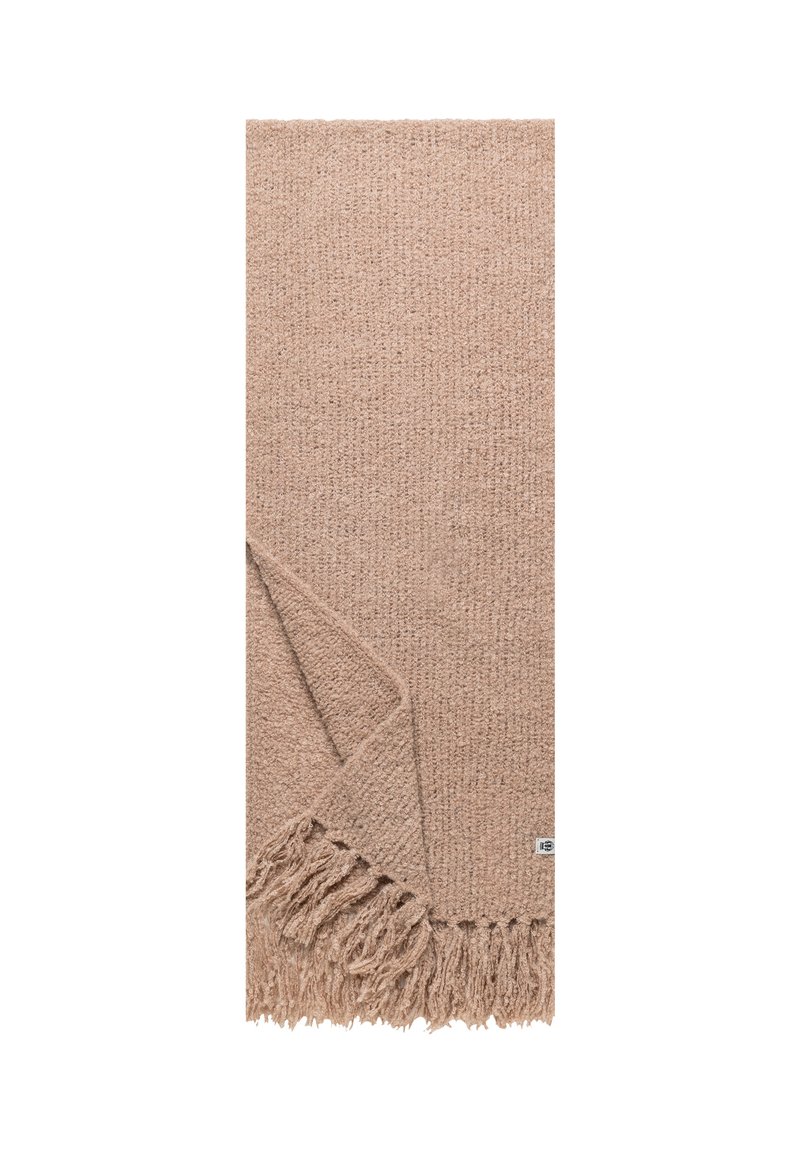 Beige textured woolen scarf with fringed ends, folded at one corner, featuring a small rectangular label near the fringe.