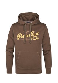 Bruine hoodie met een voorzak, trekkoordkap en gele tekst. Gemaakt van zacht materiaal met ribbelmanchetten en -zoom.