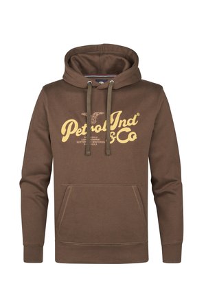 Ruskea huppari etutaskulla, nyörihuppulla ja keltaisella tekstillä. Valmistettu pehmeästä kankaasta, jossa on resorit hihoissa ja helman reunassa.