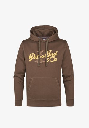 Bruine hoodie met een voorzak, trekkoordkap en gele tekst. Gemaakt van zacht materiaal met ribbelmanchetten en -zoom.