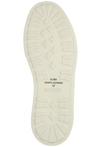 Weißer Gummisohle mit einem strukturierten Grip-Muster, das in der Mitte eingravierte Marken- und Modellbezeichnungen aufweist. Größe 37.