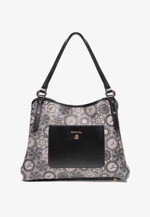 Borsa tote con manici in pelle nera e tasca frontale, con motivo geometrico grigio di esagoni e loghi circolari.