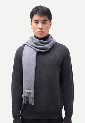 Junger Mann trägt einen dunkelgrauen Pullover und einen hellgrauen Schal mit einem GOBI-Label, stehend vor einem weißen einfarbigen Hintergrund.