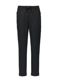 Schwarze kariierte Jogger-Hosen mit einem Kordelzugbund, aus einem weichen Stoff gefertigt und mit einer schmal zulaufenden Beinform. Zwei Seitentaschen sind enthalten.