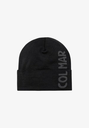 Berretto nero lavorato a maglia con risvolto e la scritta "COL MAR" in grigio scuro a contrasto. Tessuto morbido con un design semplice.