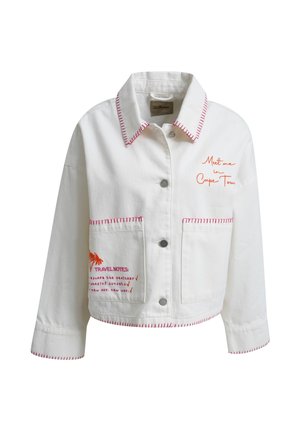 White button-up jacket with red stitching, front pockets, and orange text "Meet me in Cape Town" and travel notes on the left pocket.