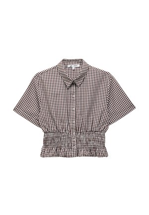 Blusa a maniche corte con colletto, caratterizzata da un motivo a quadretti marrone e bianco, con vita smock e chiusura a bottoni sul davanti.