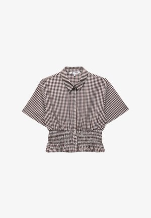 Short-sleeve, collared blouse featuring a brown and white gingham pattern with a smocked waist and button closure at the front.