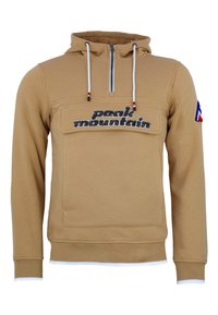 Felpa con cappuccio beige con mezza zip, dotata di tasca frontale, logo ricamato "peak mountain" e orli e polsini bianchi a contrasto.