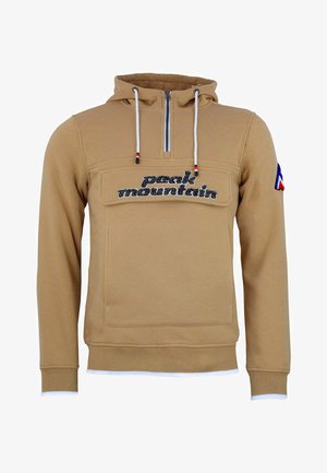 Beige hooded sweatshirt met een halve rits, uitgerust met een voorkant zak, geborduurd "peak mountain" logo en contrasterende witte zoom en manchetten.