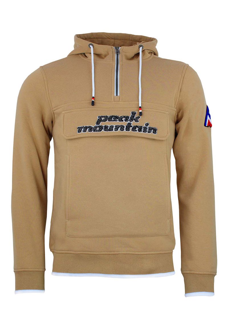 Felpa con cappuccio beige con mezza zip, dotata di tasca frontale, logo ricamato "peak mountain" e orli e polsini bianchi a contrasto.
