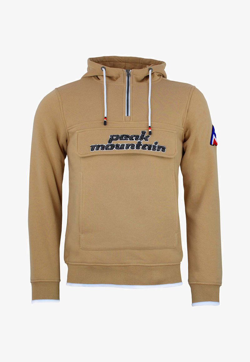 Beige hooded sweatshirt met een halve rits, uitgerust met een voorkant zak, geborduurd "peak mountain" logo en contrasterende witte zoom en manchetten.