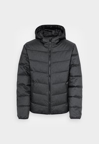 Padded jakke i mørkegrå, med lynlåslukning foran, hætte og quiltet design med vandrette, syede sektioner. Glat tekstur.