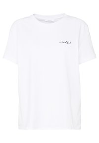 Vit bomull t-shirt med korta ärmar, rund halsringning och svart cursiv broderi som säger "mindful" på vänster bröstområde.