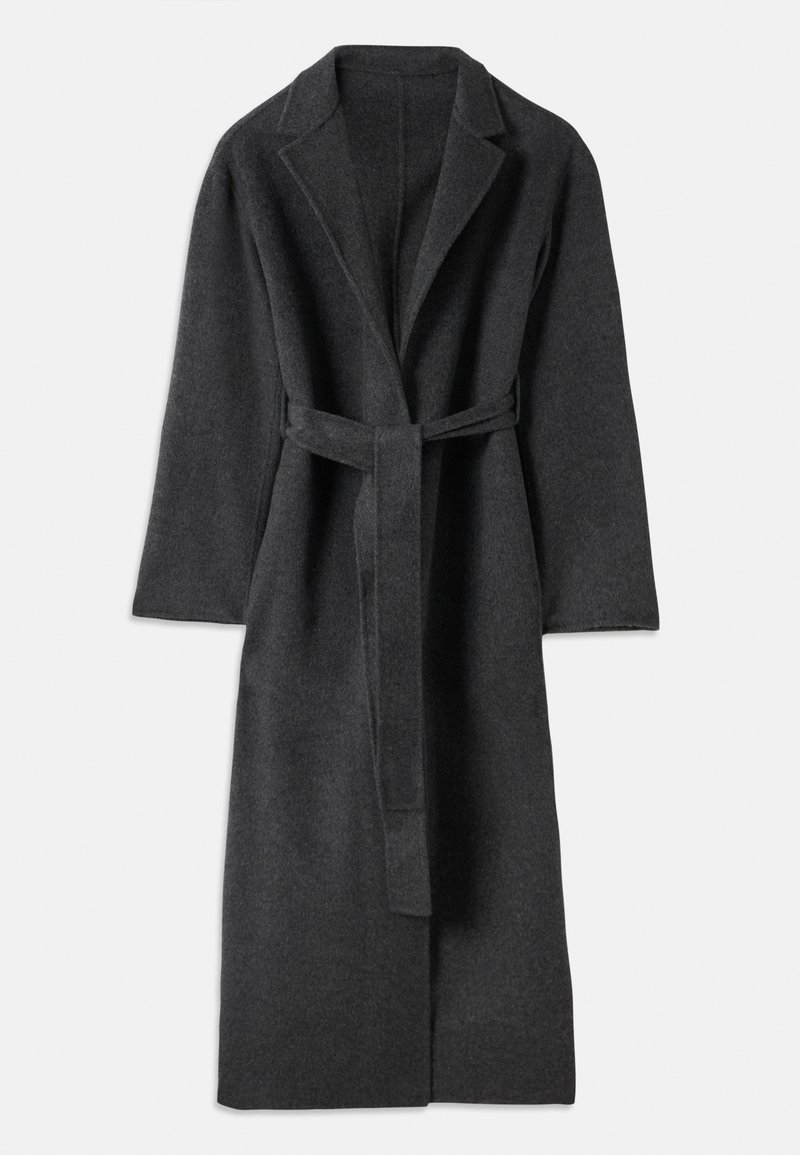 Dark gray long wool coat with wide lapels and a matching belt tied at the waist, displayed flat on a white background.