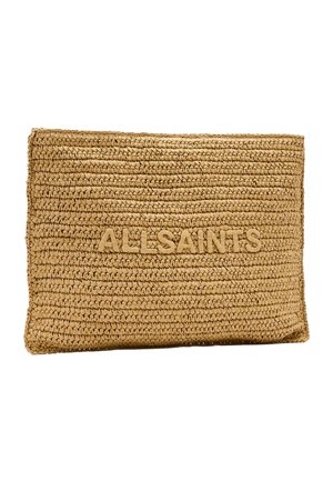 Pochette rectangulaire en paille tissée avec le texte en relief "ALLSAINTS" centré à l'avant, dans des tons naturels assortis.